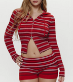 Women's Striped Hooded Cardigan & Shorts Set