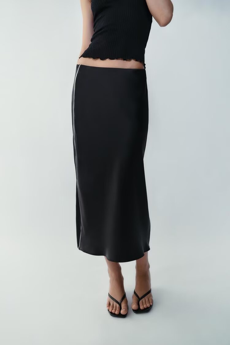 Women's Contrast-Trim Satin Midi Skirt