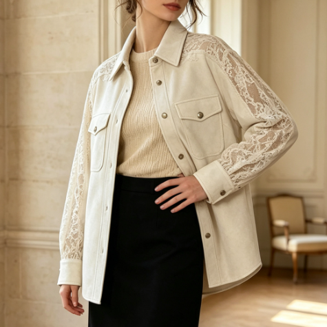 Women's Beige Suede Long Coat with Lace Detail