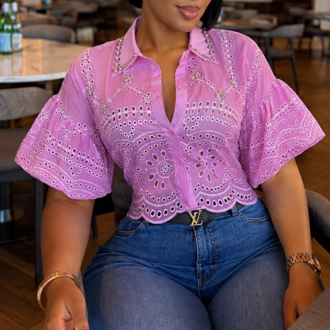 Women's Jeweled Cutout Lantern-Sleeve Top