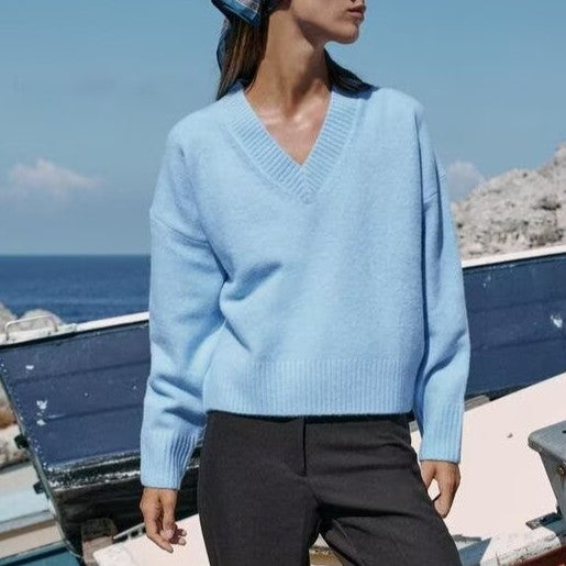 Women's Solid-Color V-Neck Long-Sleeve Sweater