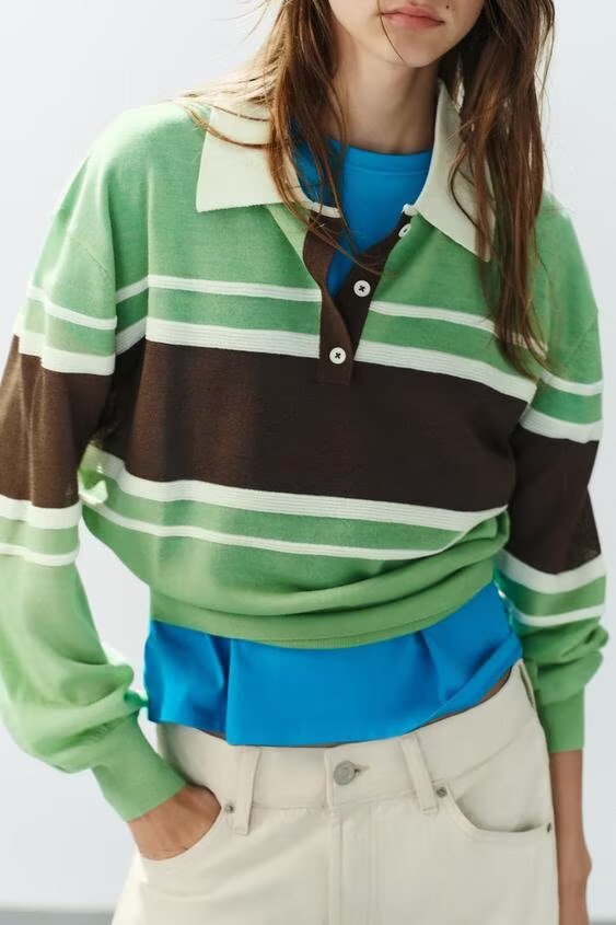 Women's Fall Korean Western Design Striped Knitted Polo Shirt