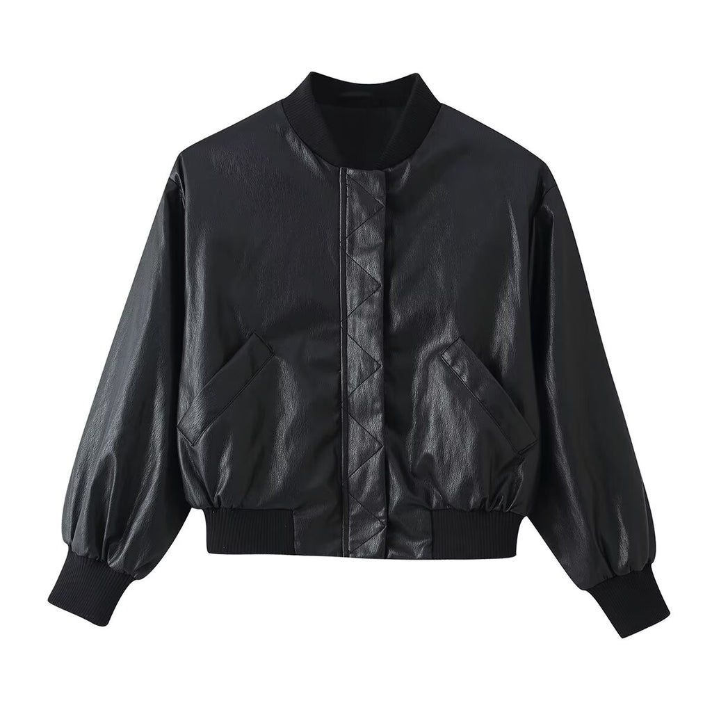 Women's Leather Effect Padded Shoulder Bomber Jacket Coat