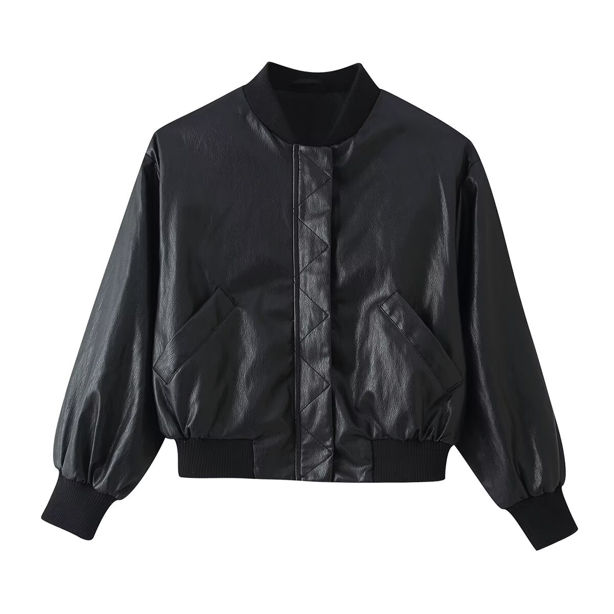 Women's Leather Effect Padded Shoulder Bomber Jacket Coat
