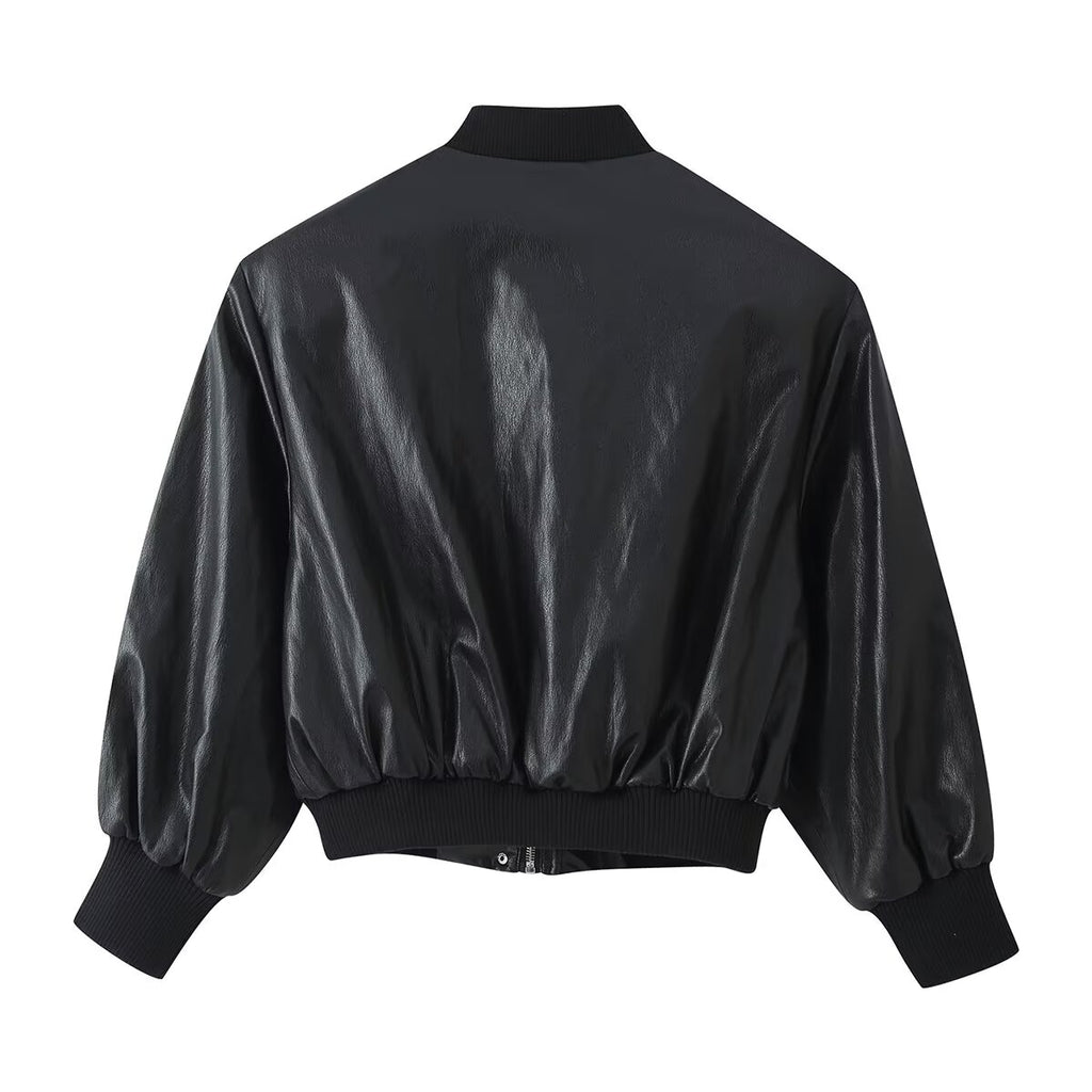 Women's Leather Effect Padded Shoulder Bomber Jacket Coat