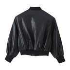 Women's Leather Effect Padded Shoulder Bomber Jacket Coat