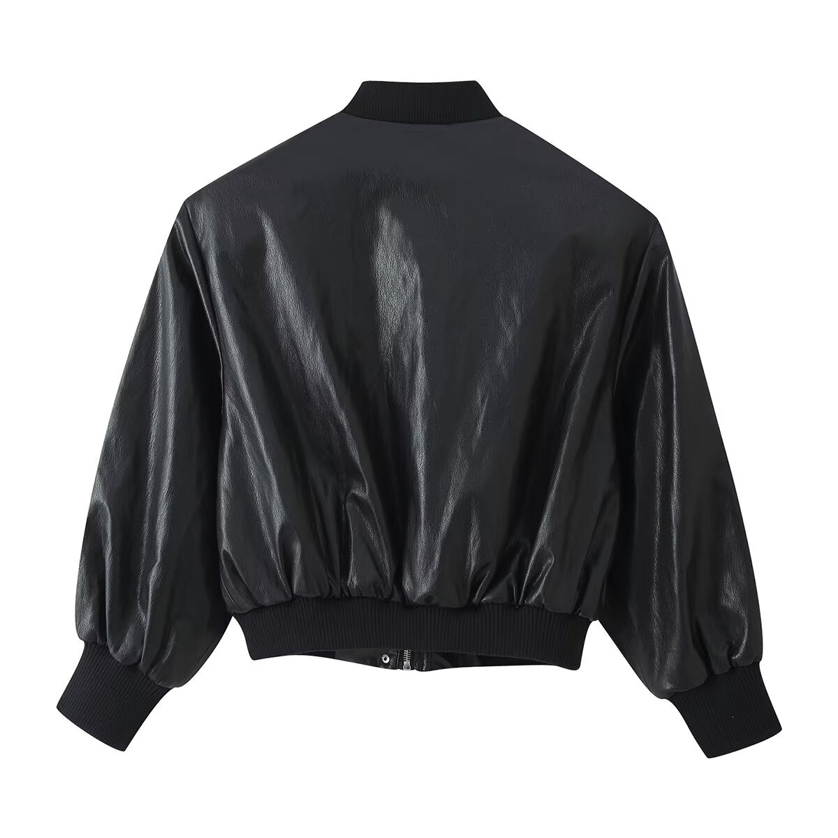 Women's Leather Effect Padded Shoulder Bomber Jacket Coat
