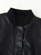 Women's Leather Effect Padded Shoulder Bomber Jacket Coat
