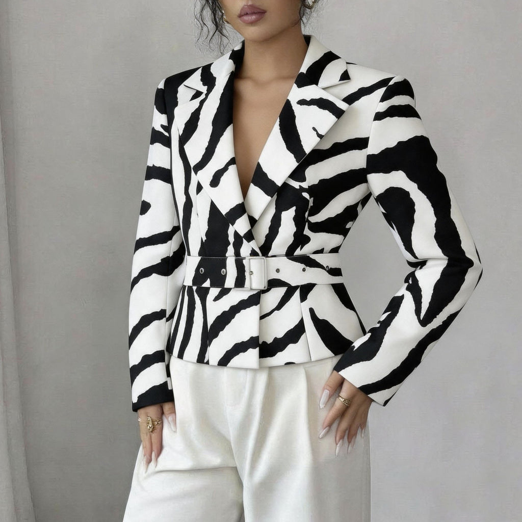 Zebra Pattern Waist Collar Sleeve Blazer