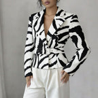 Zebra Pattern Waist Collar Sleeve Blazer