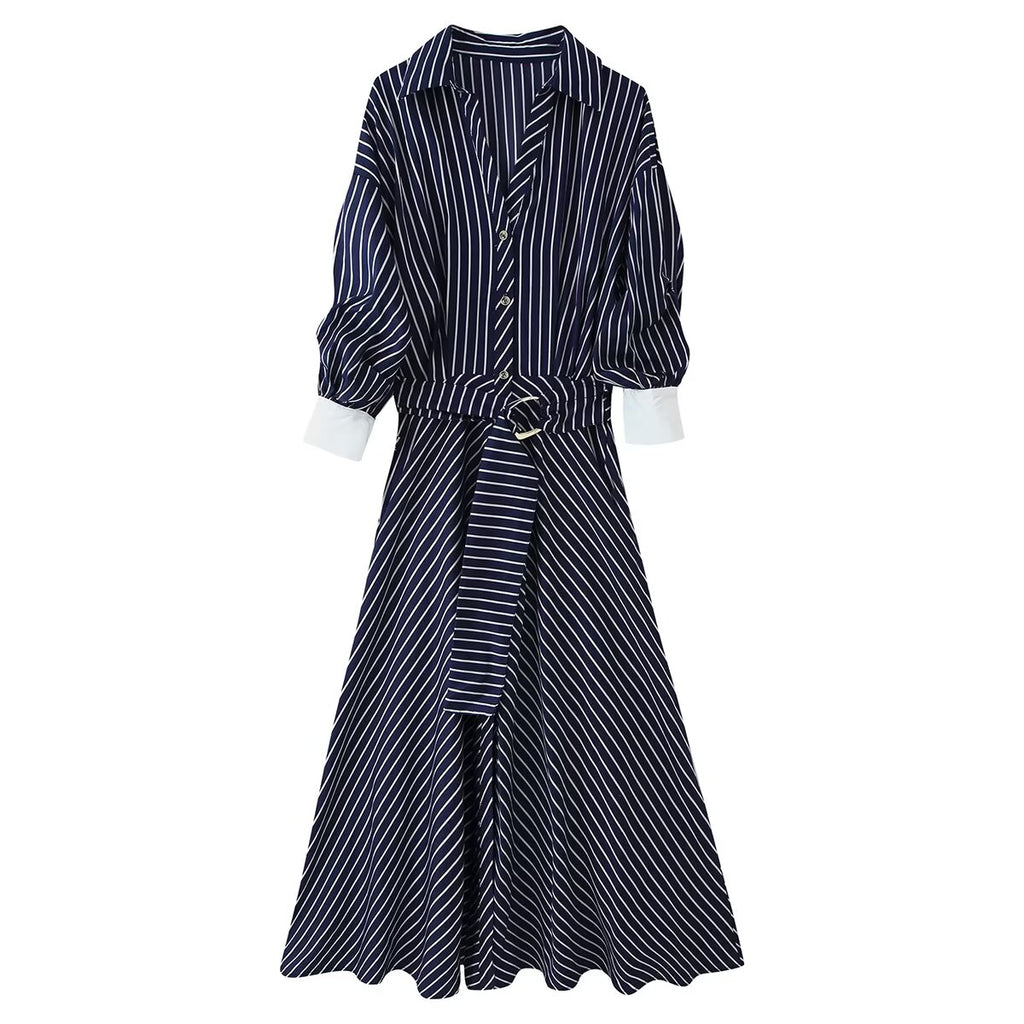 Women's Half Sleeve Polo Collar Stripes Dress