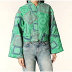 Women's Stand Collar Sleeve Printed Zipper Cotton Jacket Coat