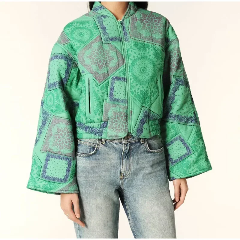 Women's Stand Collar Sleeve Printed Zipper Cotton Jacket Coat