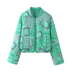 Women's Stand Collar Sleeve Printed Zipper Cotton Jacket Coat