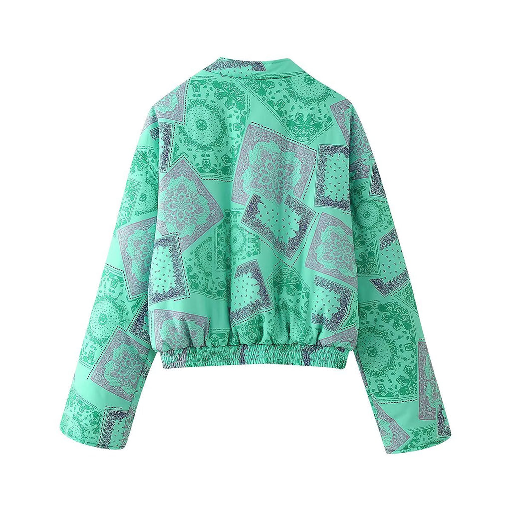 Women's Stand Collar Sleeve Printed Zipper Cotton Jacket Coat