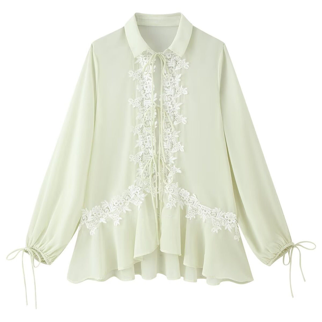 Women's Collared Lace Stitching Embroidery Tie Neck Lantern Sleeve Shirt Bohemian