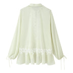 Women's Collared Lace Stitching Embroidery Tie Neck Lantern Sleeve Shirt Bohemian