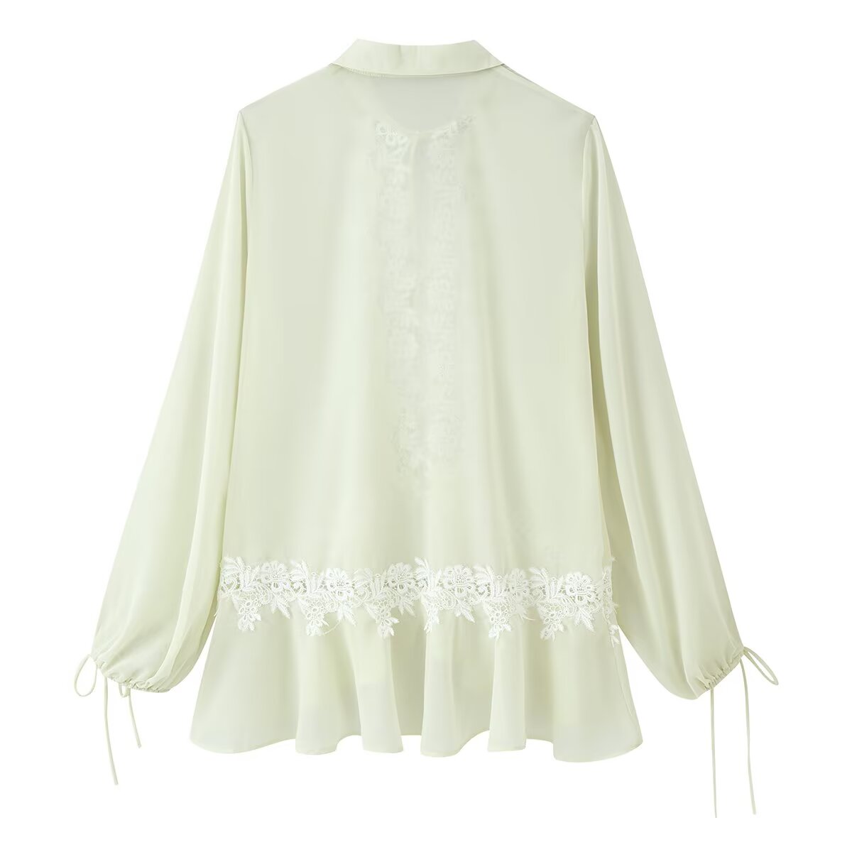 Women's Collared Lace Stitching Embroidery Tie Neck Lantern Sleeve Shirt Bohemian