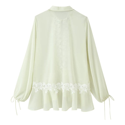 Women's Collared Lace Stitching Embroidery Tie Neck Lantern Sleeve Shirt Bohemian