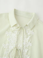 Women's Collared Lace Stitching Embroidery Tie Neck Lantern Sleeve Shirt Bohemian