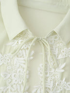 Women's Collared Lace Stitching Embroidery Tie Neck Lantern Sleeve Shirt Bohemian
