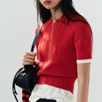 Women's Spring Solid-Color Ribbed Knit Polo Shirt