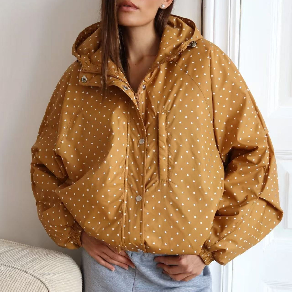 Women's Autumn Winter Design Polka Dot Hooded Trench Coat