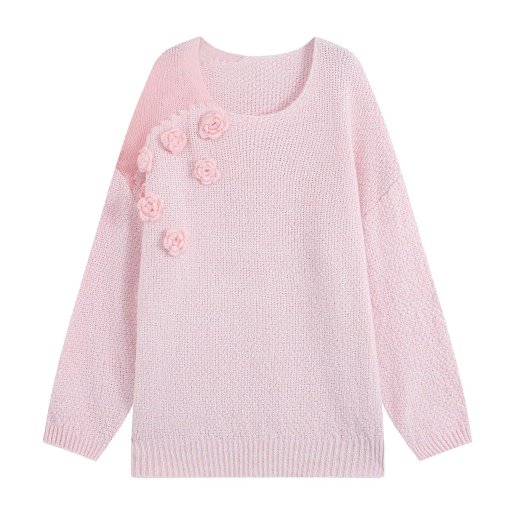 Women's Round Neck Sweater French Three Dimensional Floral Knitted Top High