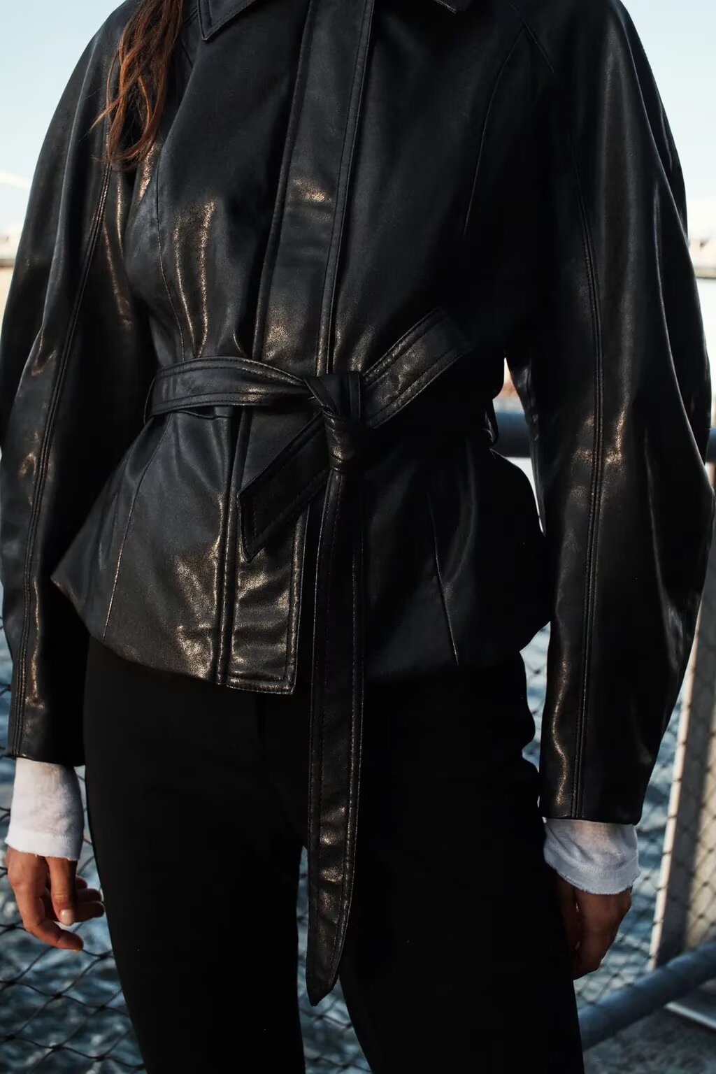 Women's Polo Collar Waist Explain With Belt Leather Coat