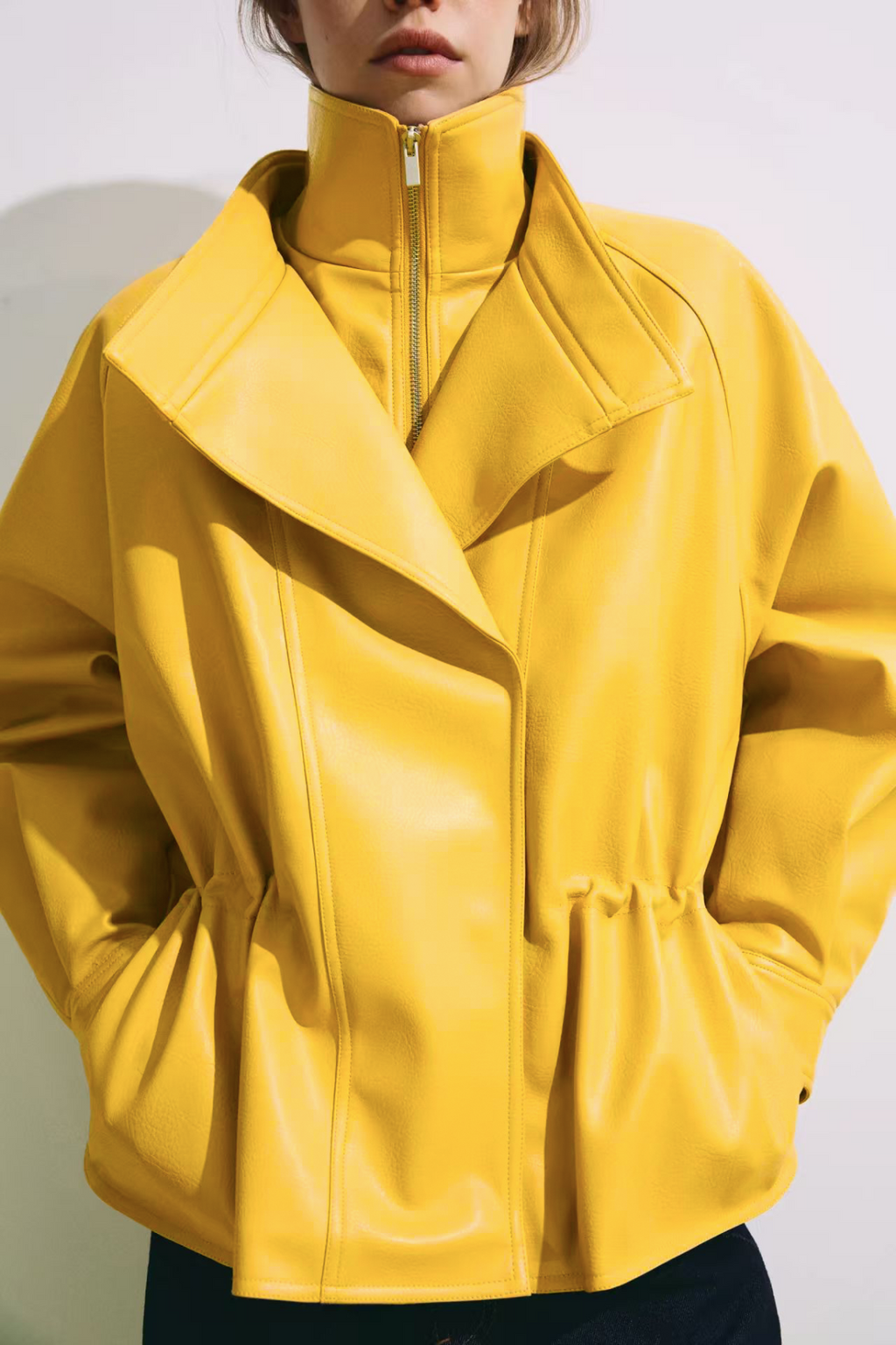 Women's Autumn Winter Stand Collar Yellow Faux Leather Coat