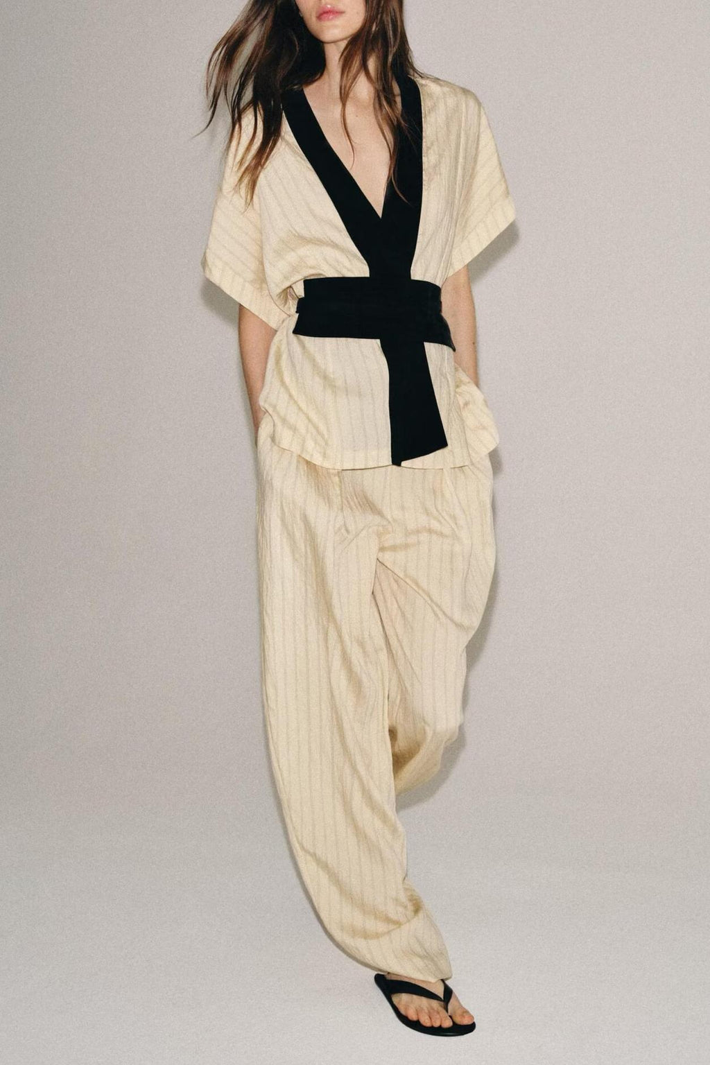 Women's Autumn Contrast Color Trim Striped Coat Wide Leg Pant Set