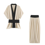 Women's Autumn Contrast Color Trim Striped Coat Wide Leg Pant Set