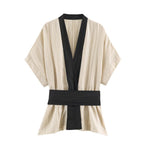 Women's Autumn Contrast Color Trim Striped Coat Wide Leg Pant Set