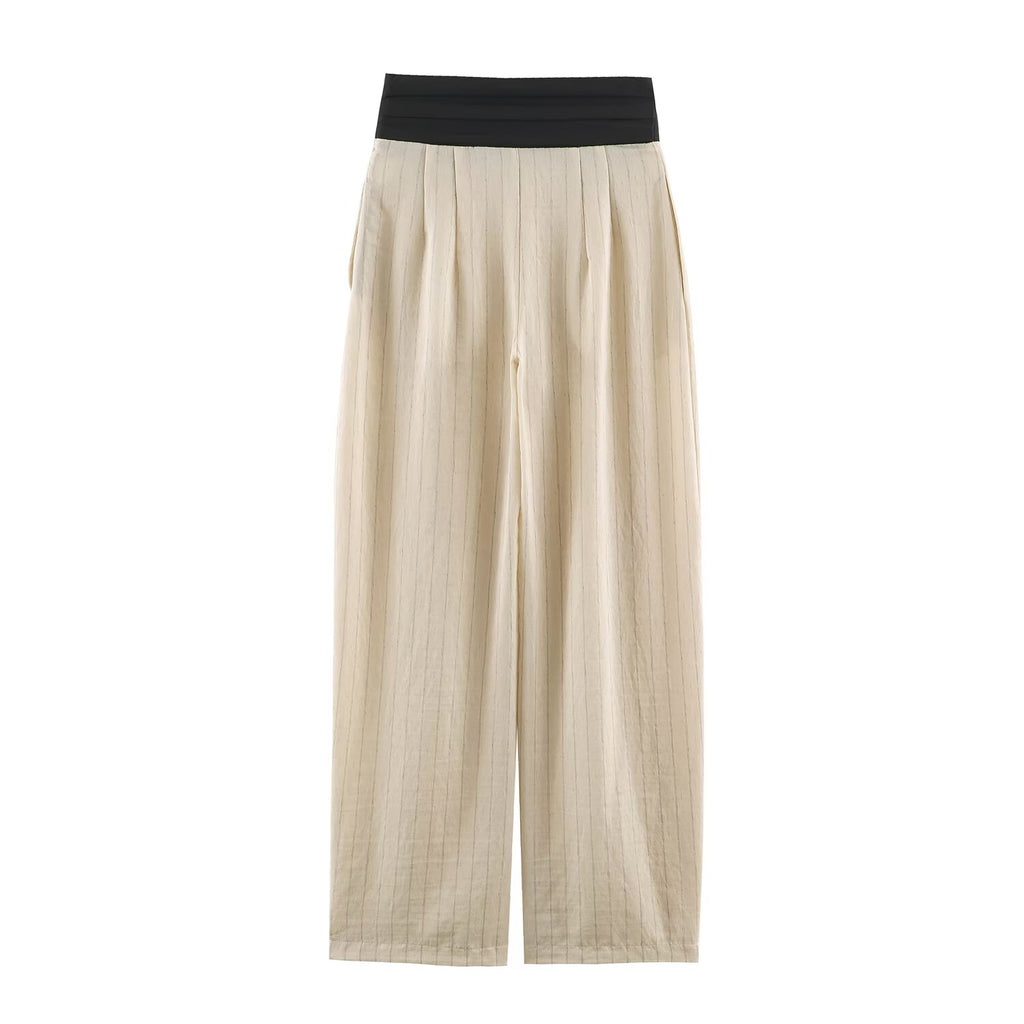 Women's Autumn Contrast Color Trim Striped Coat Wide Leg Pant Set