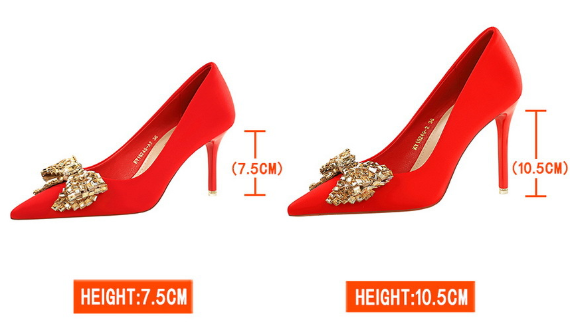 Fengshui Diamond Bow High Heels Pointed Toe Super High Heel Shoes Satin