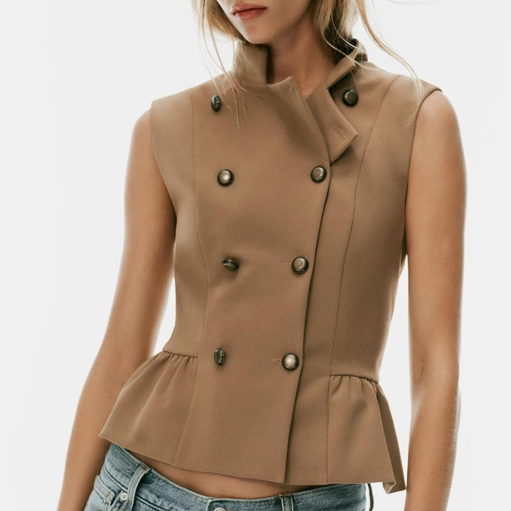 Women's Decorated Row Button Cropped Short Hem Vest Top