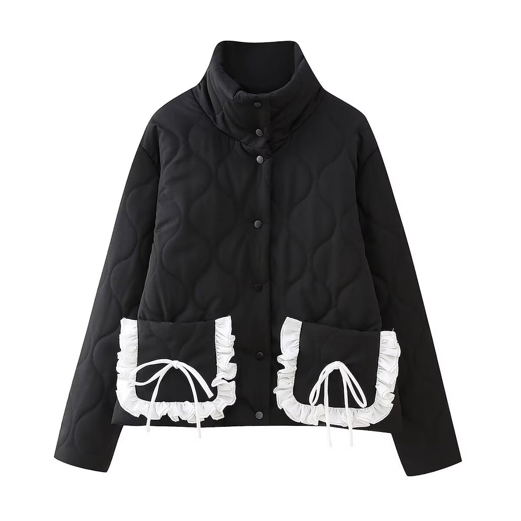 Autumn Winter Bow Pocket Decoration Stand up Collar Cotton Padded Coat