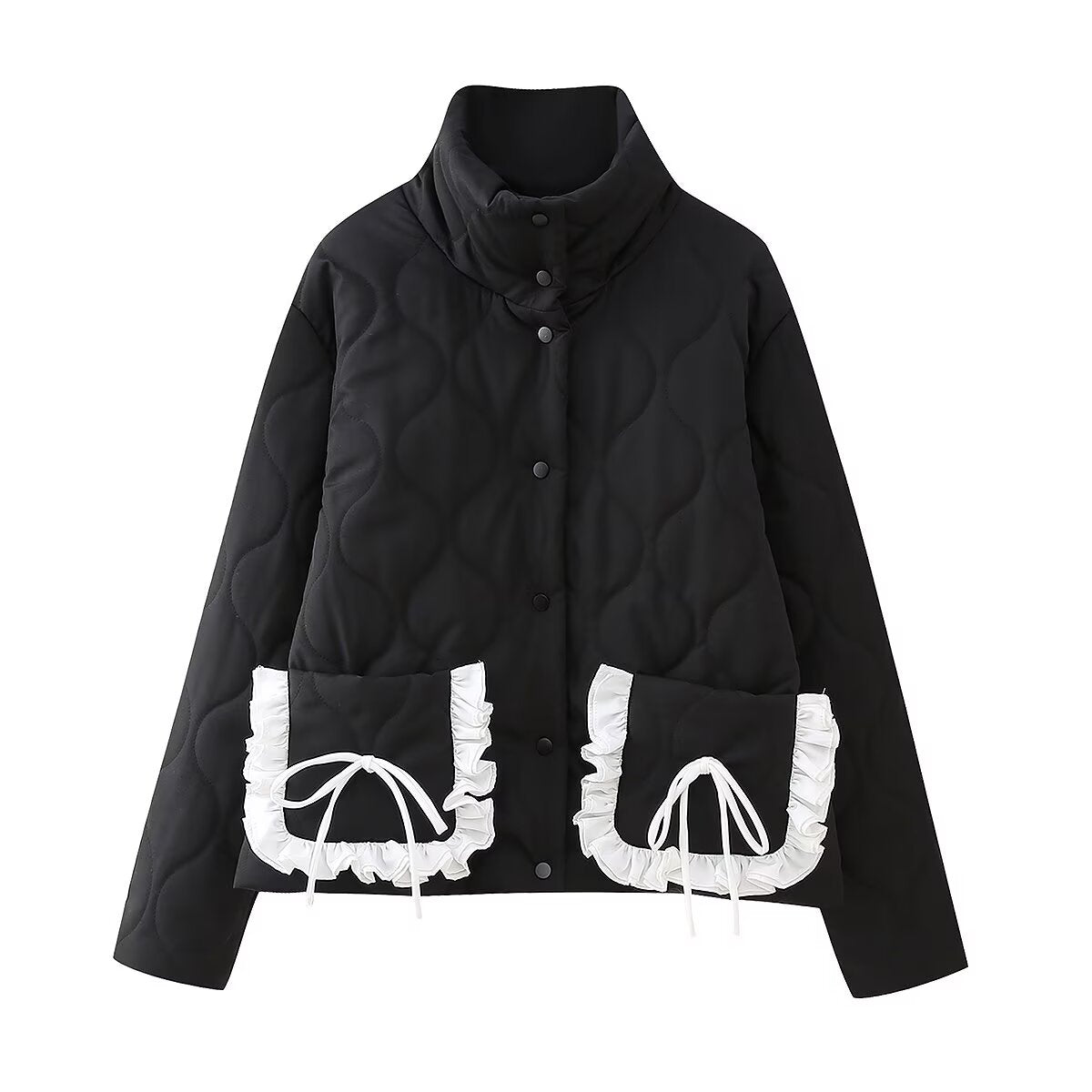Autumn Winter Bow Pocket Decoration Stand up Collar Cotton Padded Coat