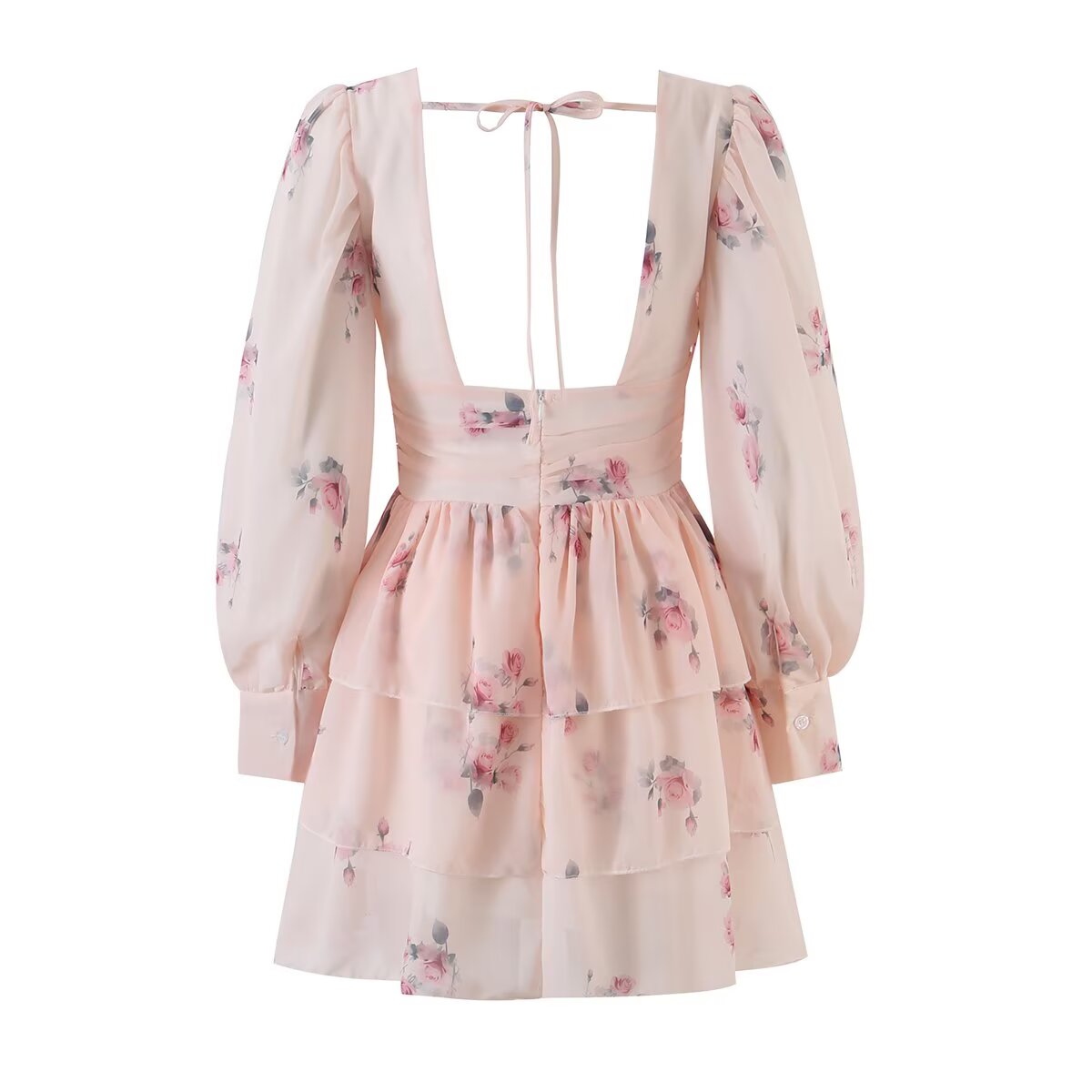 's Printed V Neck Lantern Sleeve Waist Dress