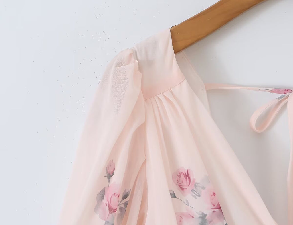 's Printed V Neck Lantern Sleeve Waist Dress