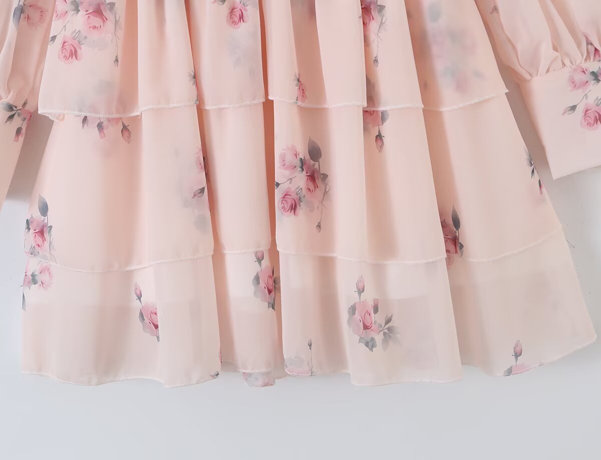 's Printed V Neck Lantern Sleeve Waist Dress