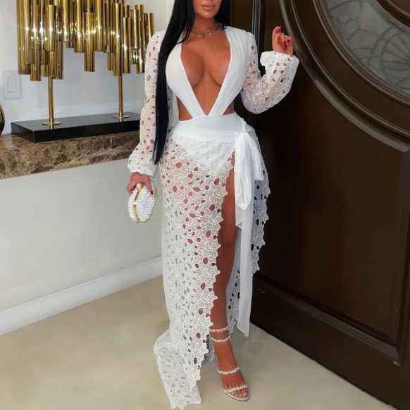 's Mesh Lace Deep V Plunge Split Skirt Two-Piece Set