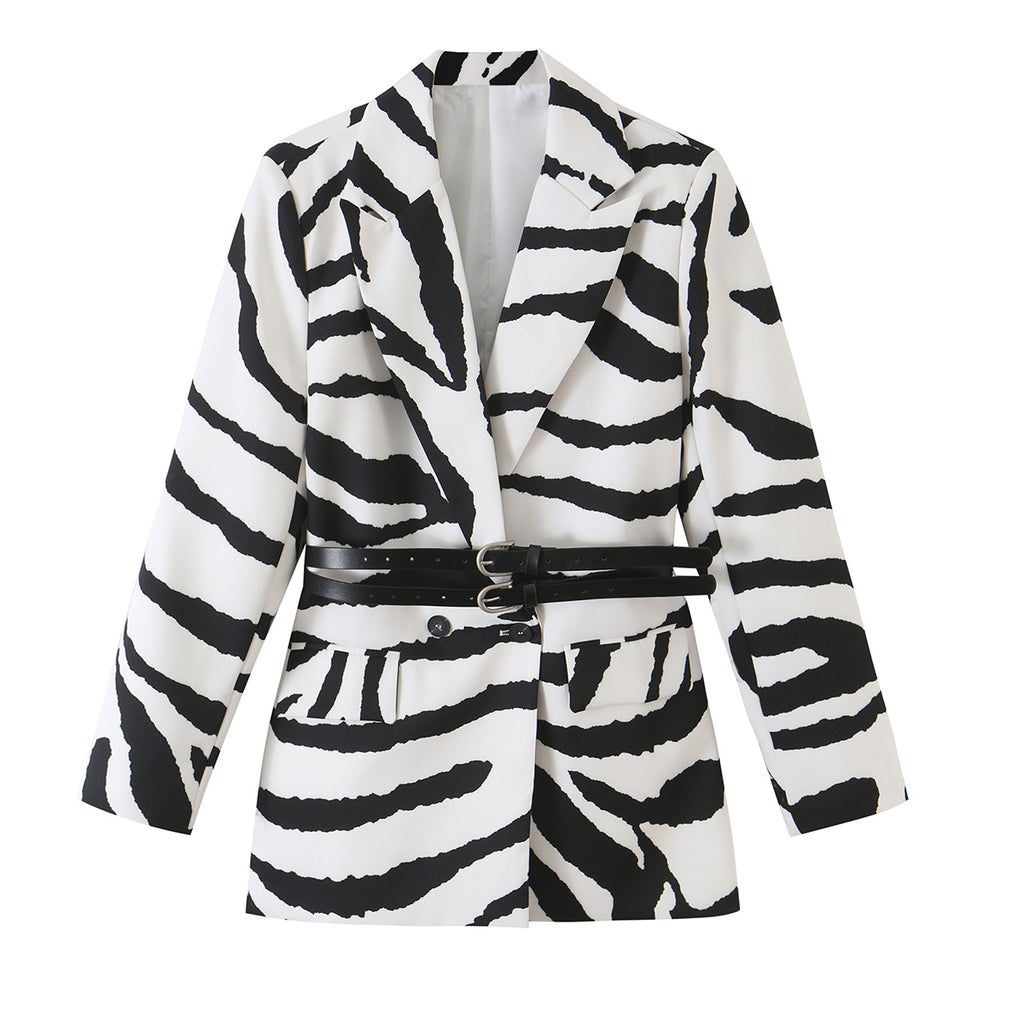 Women's Zebra-Pattern Belted Short Blazer
