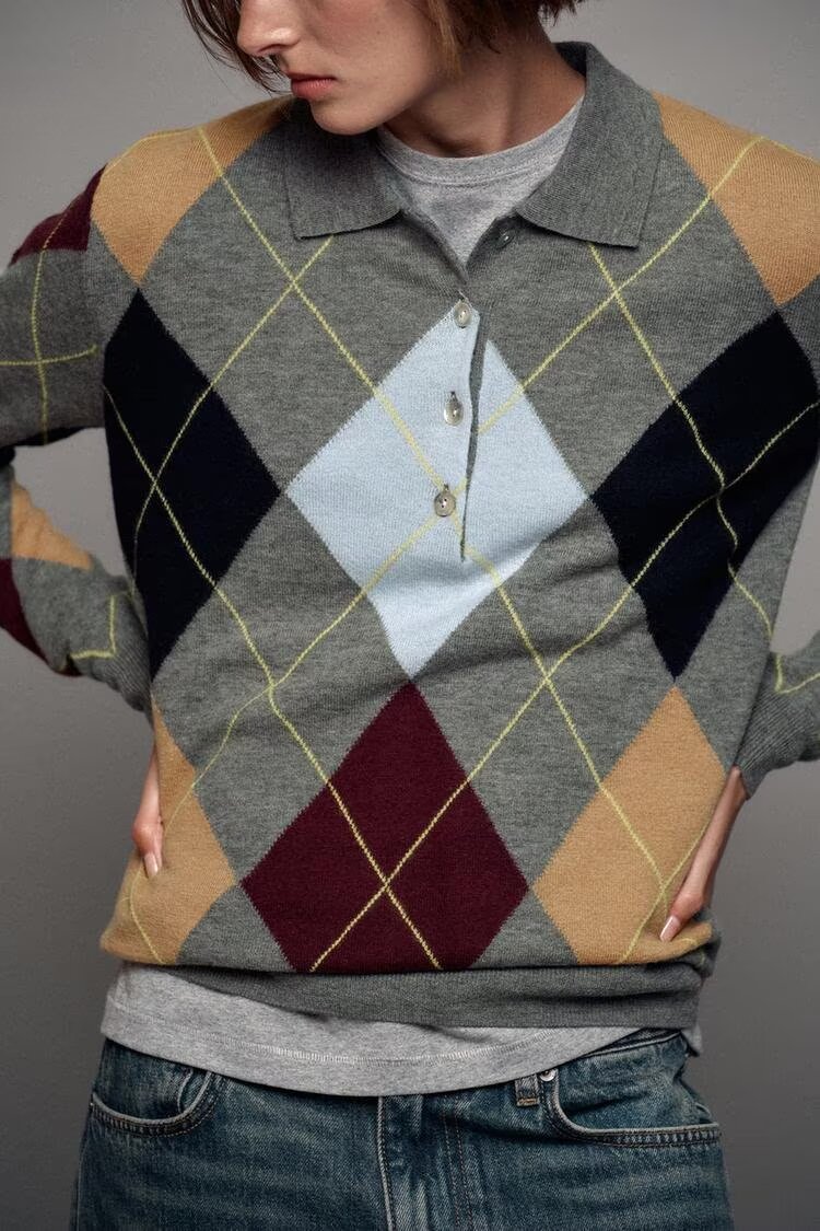 Women's Retro Diamond-Pattern Polo Sweater