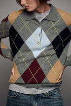 Women's Retro Diamond-Pattern Polo Sweater