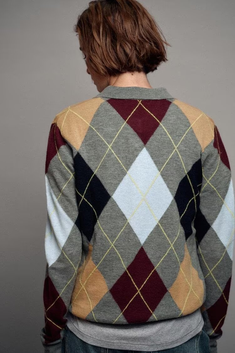 Women's Retro Diamond-Pattern Polo Sweater