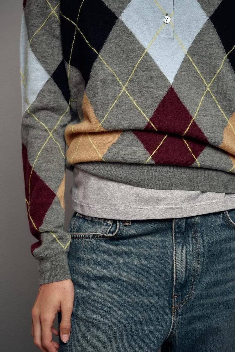 Women's Retro Diamond-Pattern Polo Sweater