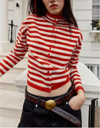 Women's Red Striped Stand-Collar Knit Cardigan