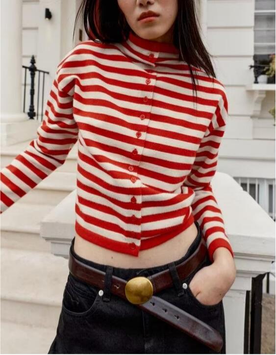 Women's Red Striped Stand-Collar Knit Cardigan
