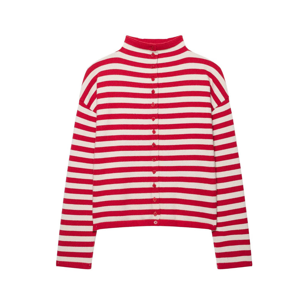 Women's Red Striped Stand-Collar Knit Cardigan